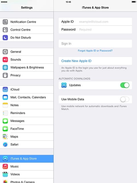 Press Apple ID and key in the username for your Apple ID.