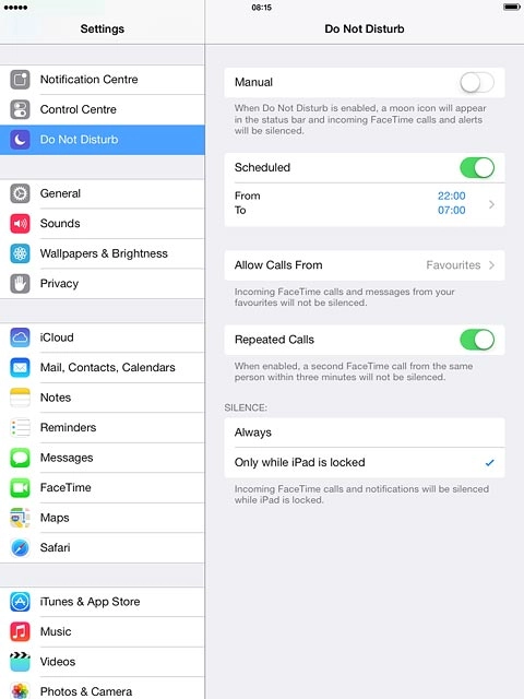 To set your tablet to silent mode for specified periods:Press the indicator next to 