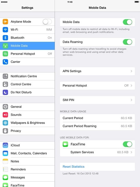 Your tablet's data usage is displayed below MOBILE DATA USAGE.
