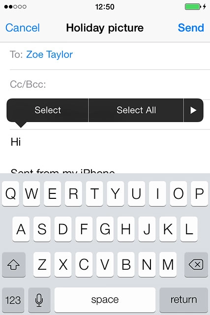 Press and hold anywhere on the text input field.Press arrow right, if required.