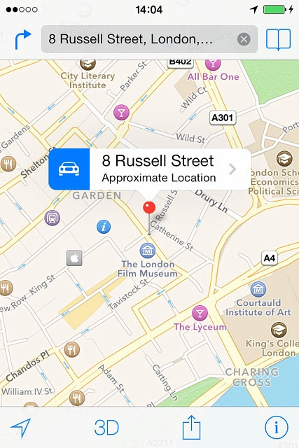 the selected destination is displayed as a point on the map.