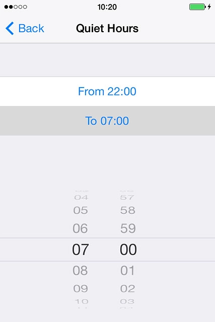 Drag hours and minutes upwards or downwards to specify the period of time in which you don't want to be disturbed.