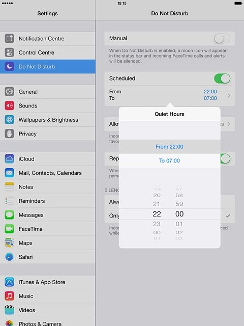 Drag hours and minutes upwards or downwards to specify the period of time in which you don't want to be disturbed.