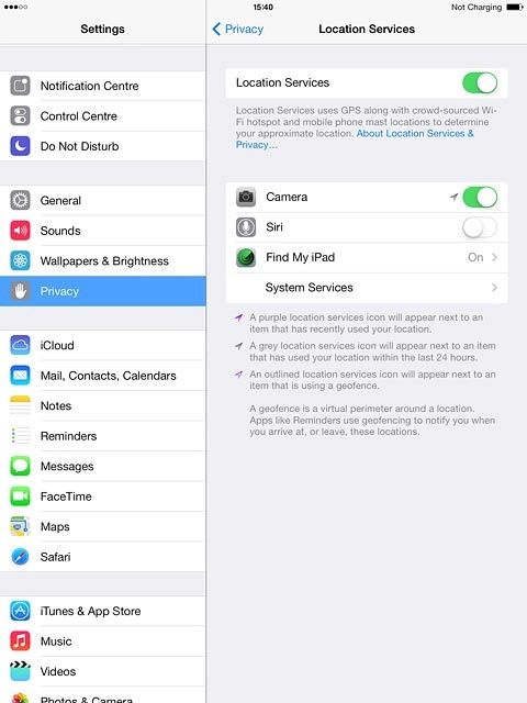 Press the indicator next to the required application to turn use of GPS for the specific applications on or off.