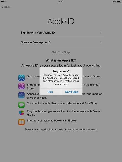 Press Skip.Follow the instructions on the display to activate your tablet.