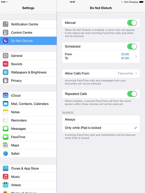 To set your tablet to silent mode for specified periods:Press the indicator next to 