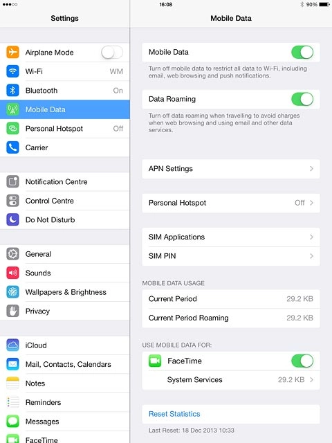 Your tablet's data usage is displayed below MOBILE DATA USAGE.