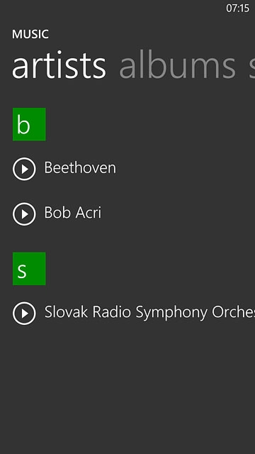 Slide your finger left or right on the display to select the required category.Go to the required audio file.