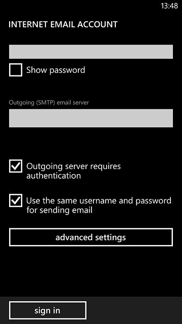Press Outgoing server requires authentication to turn the function on or off.If you turn on SMTP authentication:Follow the instructions on the display to use the username and password for your email account.Please note that if you're using Vodafone's outgoing server, turn off SMTP authentication and leave the username and password fields empty.