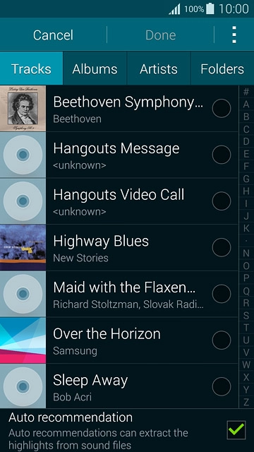 Go to the required folder.Press the different ring tones to listen to them.