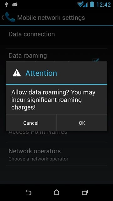 If you turn on data roaming:Press OK to confirm.