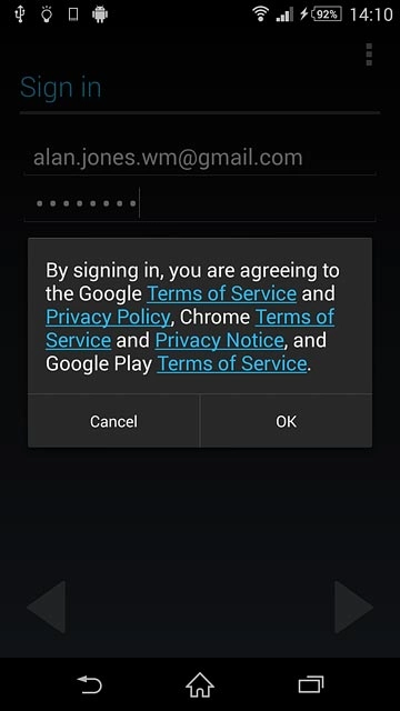 Press OK.Follow the instructions on the display to select settings for your Google account.