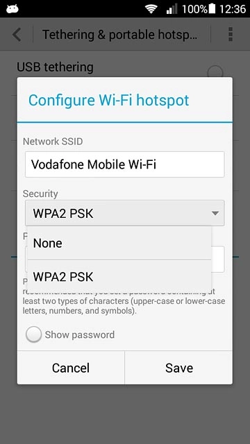 If you want to password protect your hotspot:Press WPA2 PSK.