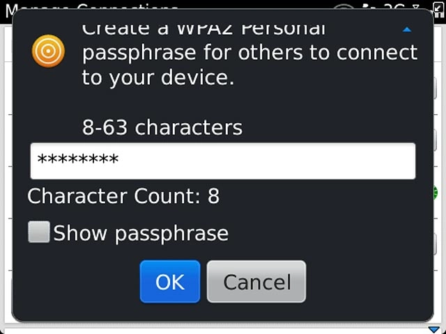 Key in the required password for the Wi-Fi hotspot and press OK.