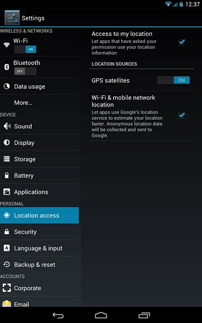 Press Wi-Fi & mobile network location to turn the function on or off.