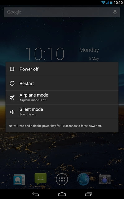 Press Silent mode.Depending on the current setting, flight mode is turned on or off.