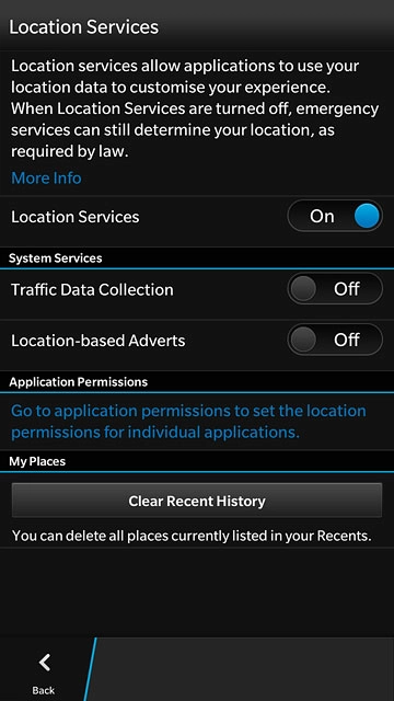 Press Go to application permissions to set the location permissions for inidividual applications.