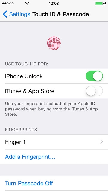 To use Touch ID to authorise iTunes and App Store purchases:Press the indicator next to 