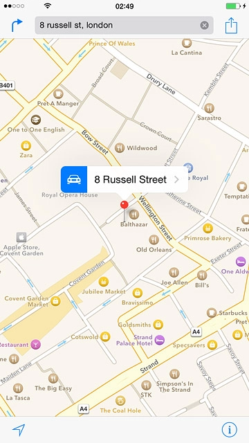 The selected destination is displayed as a point on the map.