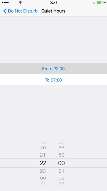 Drag hours and minutes upwards or downwards to specify the period of time in which you don't want to be disturbed.