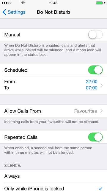 To set your phone to silent mode for specified periods:Press the indicator next to 