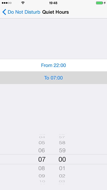 Drag hours and minutes upwards or downwards to specify the period of time in which you don't want to be disturbed.
