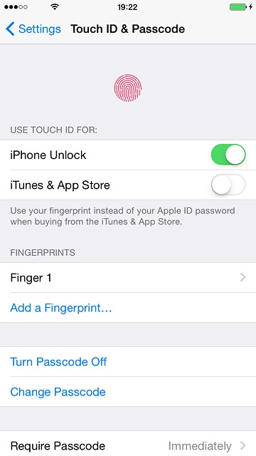 To use Touch ID to authorise iTunes and App Store purchases:Press the indicator next to 