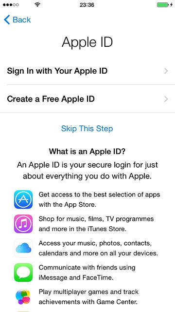 To activate your phone using a new Apple ID:Press Create a Free Apple ID.