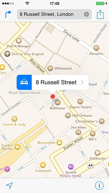 The selected destination is displayed as a point on the map.