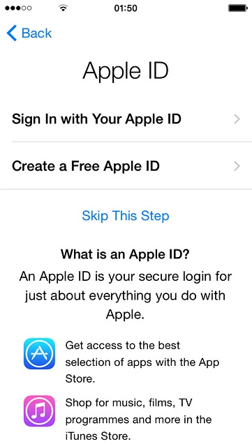 To activate your phone using an existing Apple ID:Press Sign In with Your Apple ID.
