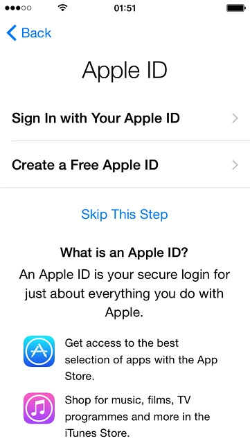 To activate your phone using a new Apple ID:Press Create a Free Apple ID.