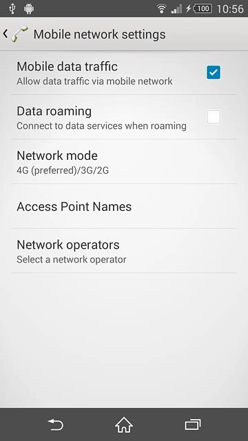 Press Data roaming to turn the function on or off.