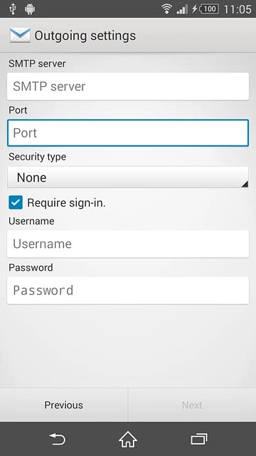 Press Require sign-in until the function is turned on or off.Please note that if you're using Vodafone's outgoing server, turn off SMTP authentication and leave the username and password fields empty.