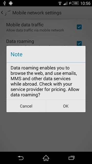If you turn on data roaming:Press OK to confirm.