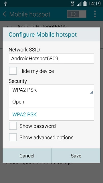 If you want to password protect your hotspot:Press WPA2 PSK.