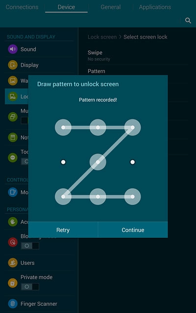 Press Continue.Repeat the selected lock code to confirm.