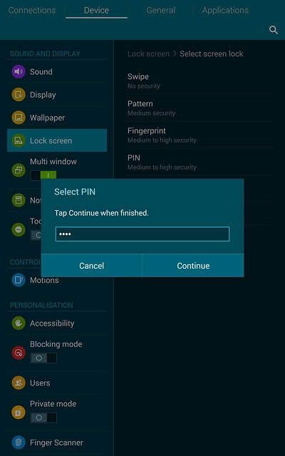 Key in the required lock code and press Continue.