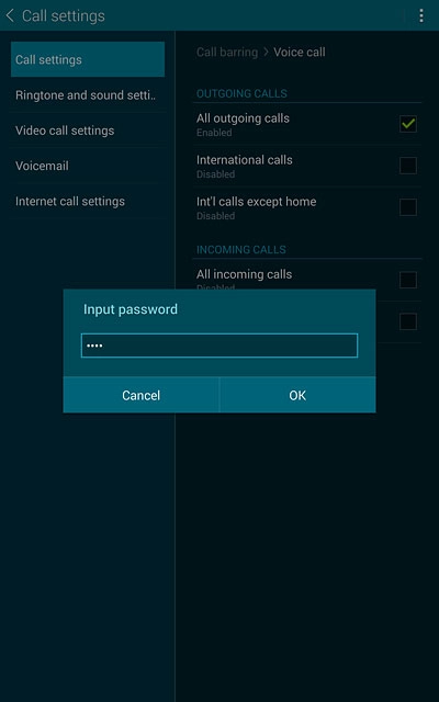 Key in your barring password (default is 0000) and press OK.Depending on the current setting, call barring is turned on or off.