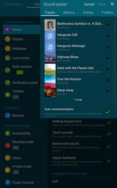 Go to the required folder.Press the different ring tones to listen to them.