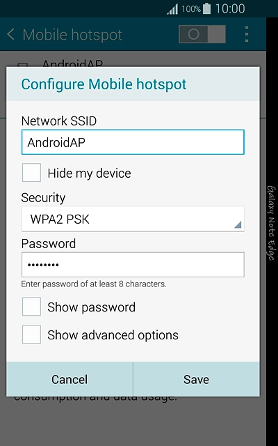 Key in the required name for the Wi-Fi hotspot.Press the drop down list below 