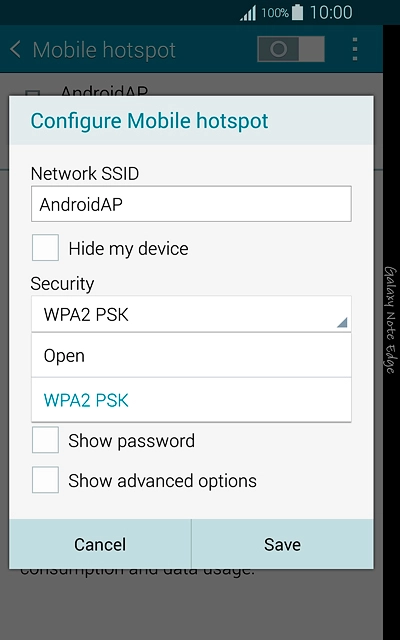 If you want to password protect your hotspot:Press WPA2 PSK.