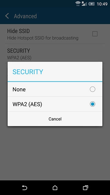 If you don't want to password protect your Wi-Fi hotspot:Press None.