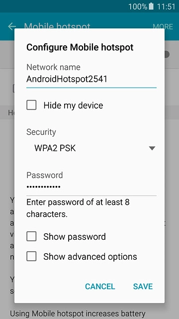 Key in the required name for the Wi-Fi hotspot.Press the drop down list below 