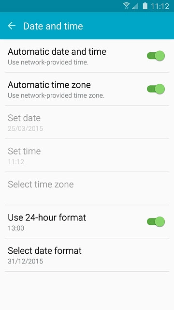 Press Automatic date and time until the function is turned on.