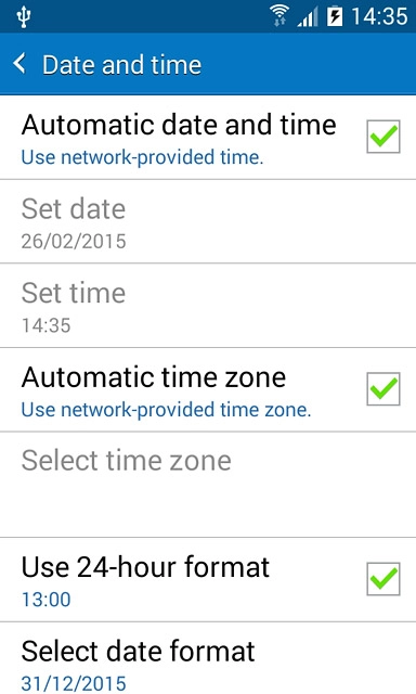 Press Automatic date and time until the function is turned on.