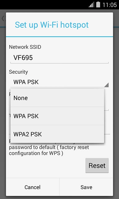 If you don't want to password protect your Wi-Fi hotspot:Press None.