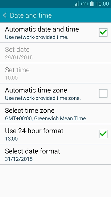 Press Automatic date and time until the function is turned on.