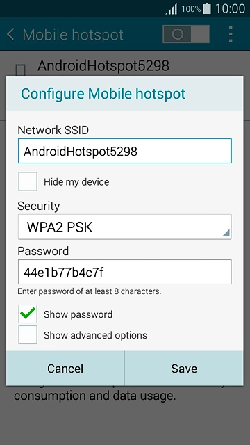 Key in the required name for the Wi-Fi hotspot.Press the drop down list below 