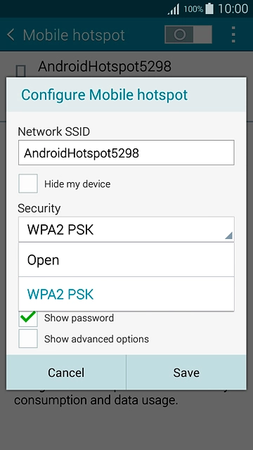 If you don't want to password protect your hotspot:Press Open.