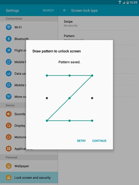 Press CONTINUE.Repeat the selected lock code to confirm.